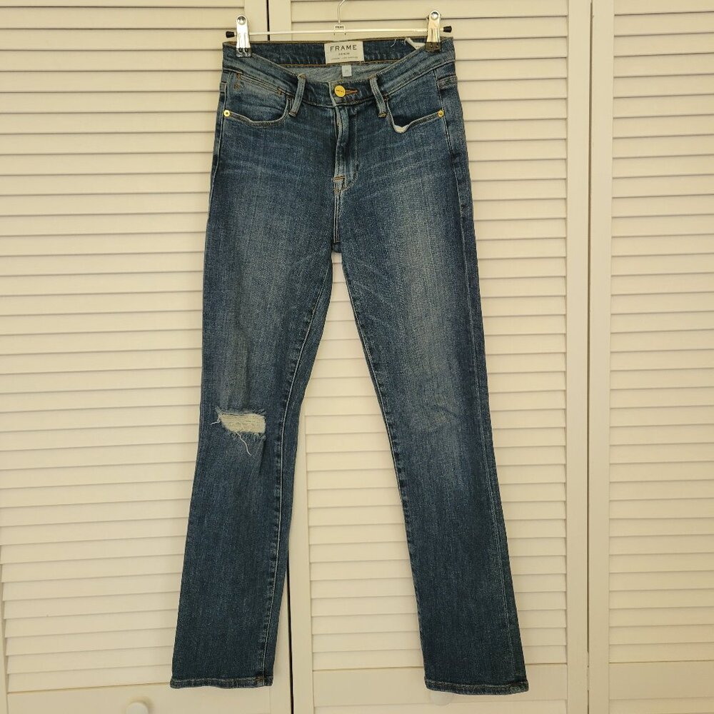 FRAME Denim High Rise Straight Ankle Knee Tear in Broadway, Medium Wash